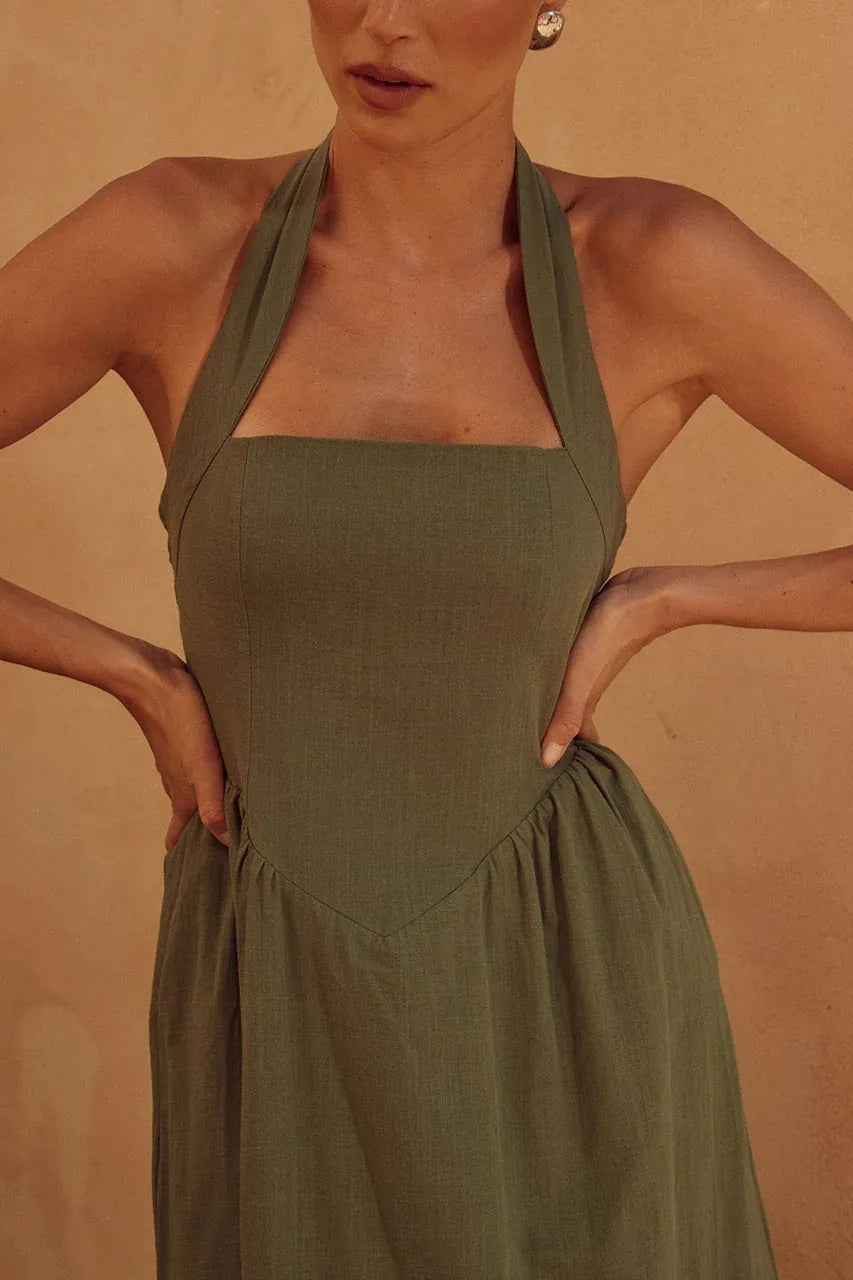 Halter Neck Maxi Dress with Pockets - Premium Maxi Dress from Trendsi - Just $27.99! Shop now at Handbags Specialist Headquarter