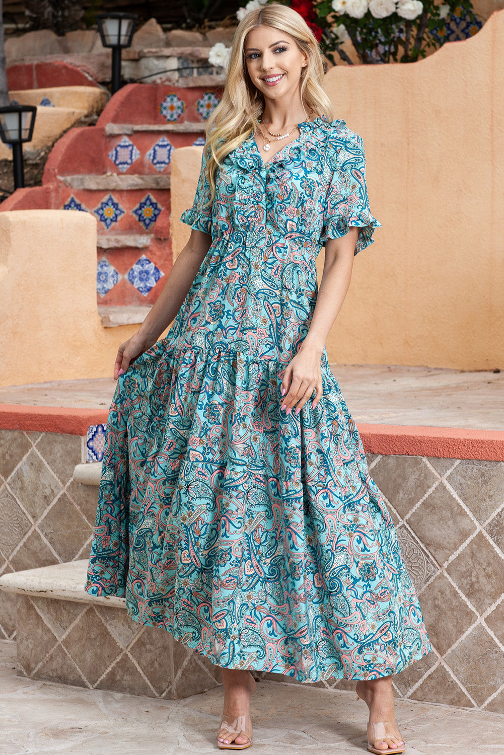 Paisley Print Flounce Sleeve Maxi Dress - Premium Maxi Dress from Trendsi - Just $56.99! Shop now at Handbags Specialist Headquarter