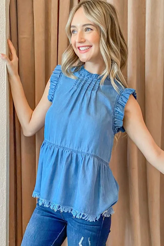 And The Why Chambray Ruffle Sleeveless Top - Premium Women / Jeans & Denim from Trendsi - Just $38.88! Shop now at Handbags Specialist Headquarter