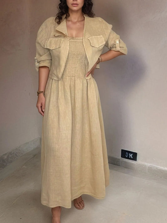 Full Size Smocked Cami Dress and Jacket Set Plus Size - Premium Dresses from Trendsi - Just $48.99! Shop now at Handbags Specialist Headquarter