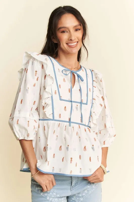 Davi & Dani Cactus Conversational Denim Binding Bodice Blouse - Premium Women / Jeans & Denim from Trendsi - Just $54.16! Shop now at Handbags Specialist Headquarter