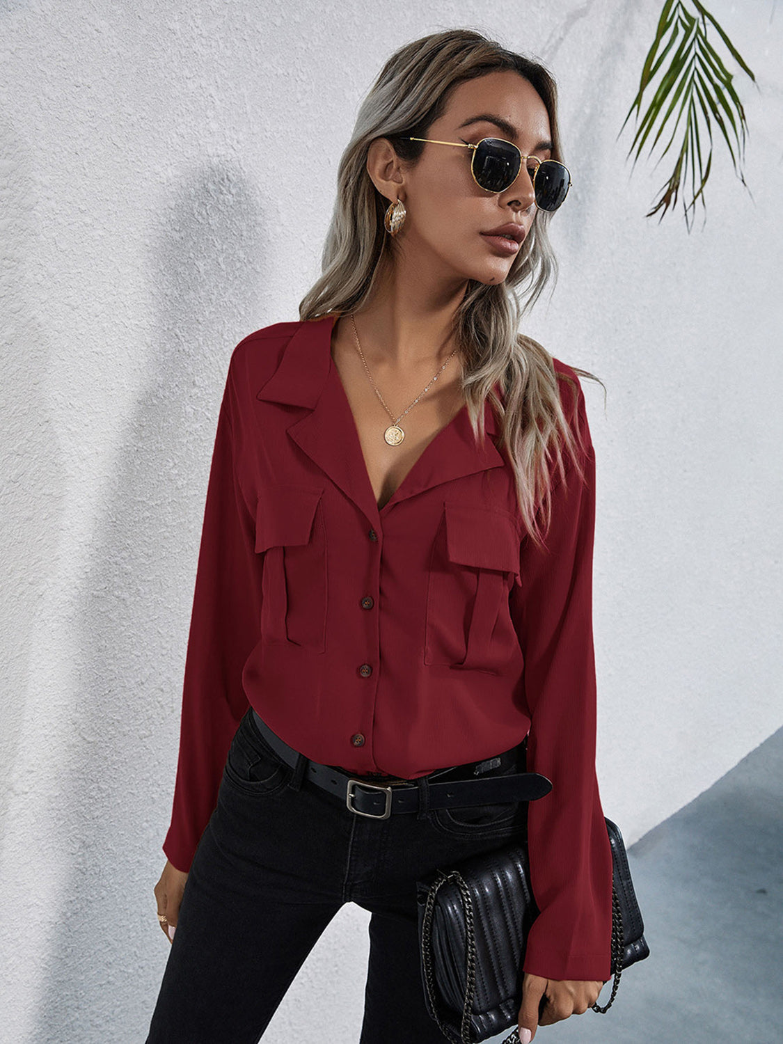 Collared Neck Button Down Shirt - Premium Women's Down Shirt Tops from Trendsi - Just $27! Shop now at Handbags Specialist Headquarter