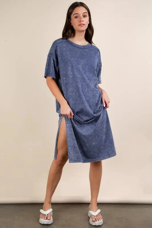 VERY J Plus Size Mineral Washed Casual Comfy Midi Dress.