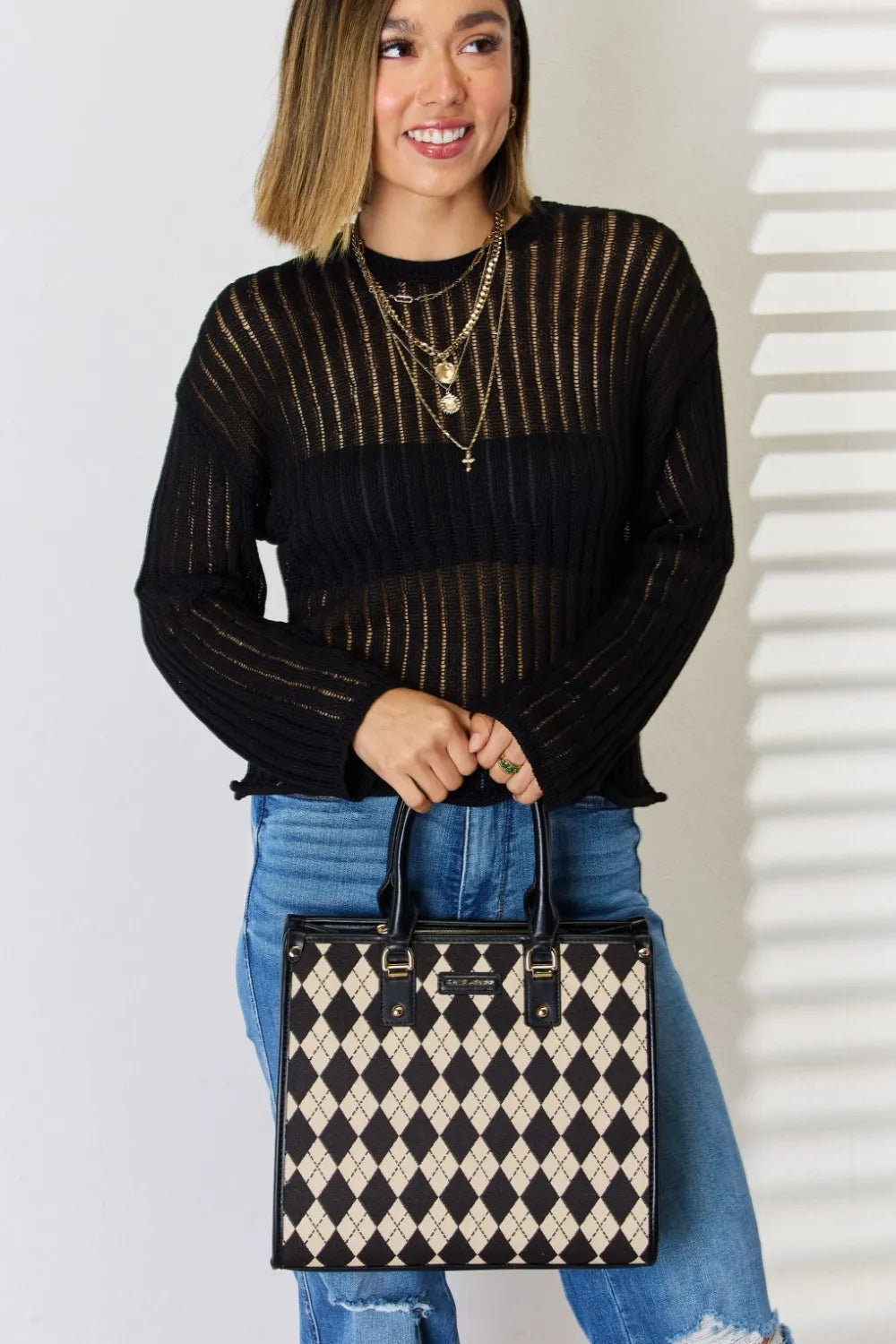 David Jones Argyle Pattern PU Leather Handbag - Premium Handbags from Trendsi - Just $51.99! Shop now at Handbags Specialist Headquarter