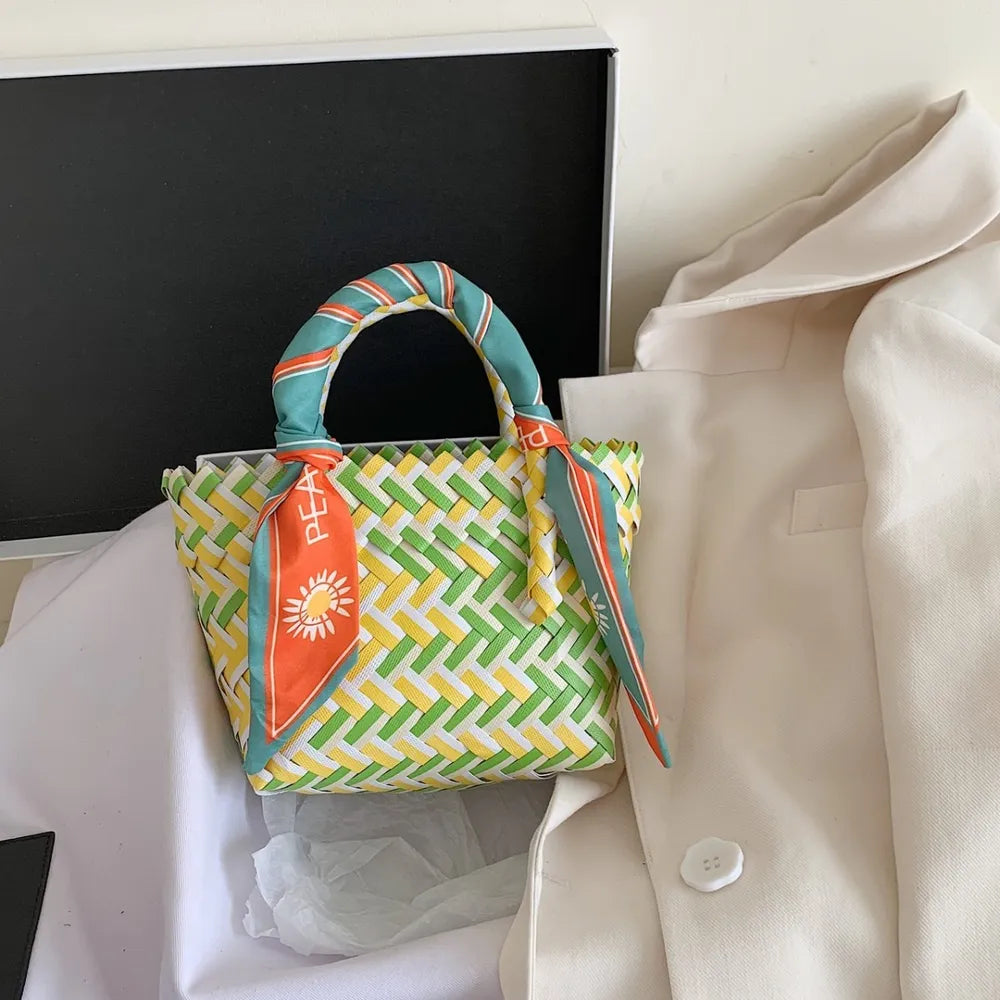 Contrast Woven Handbag with Ribbon - Premium Tote Bag from Trendsi - Just $39.99! Shop now at Handbags Specialist Headquarter