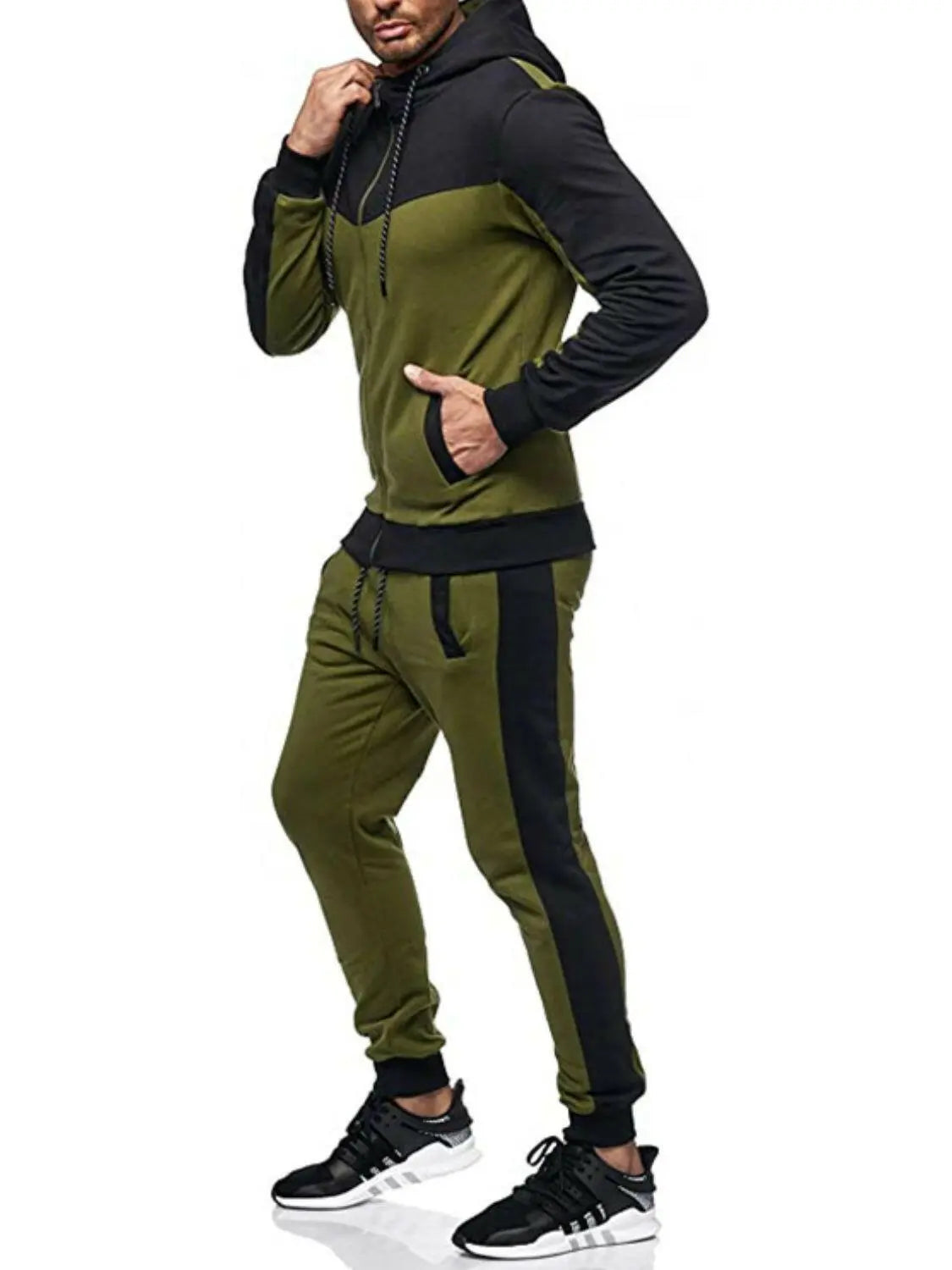 Men's Plus Size Zip Up Contrast Hoodie and Pants Set.