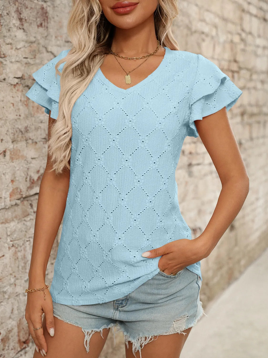 Eyelet V-Neck Ruffled Cap Sleeve Top - Premium Tops from Trendsi - Just $20.68! Shop now at Handbags Specialist Headquarter
