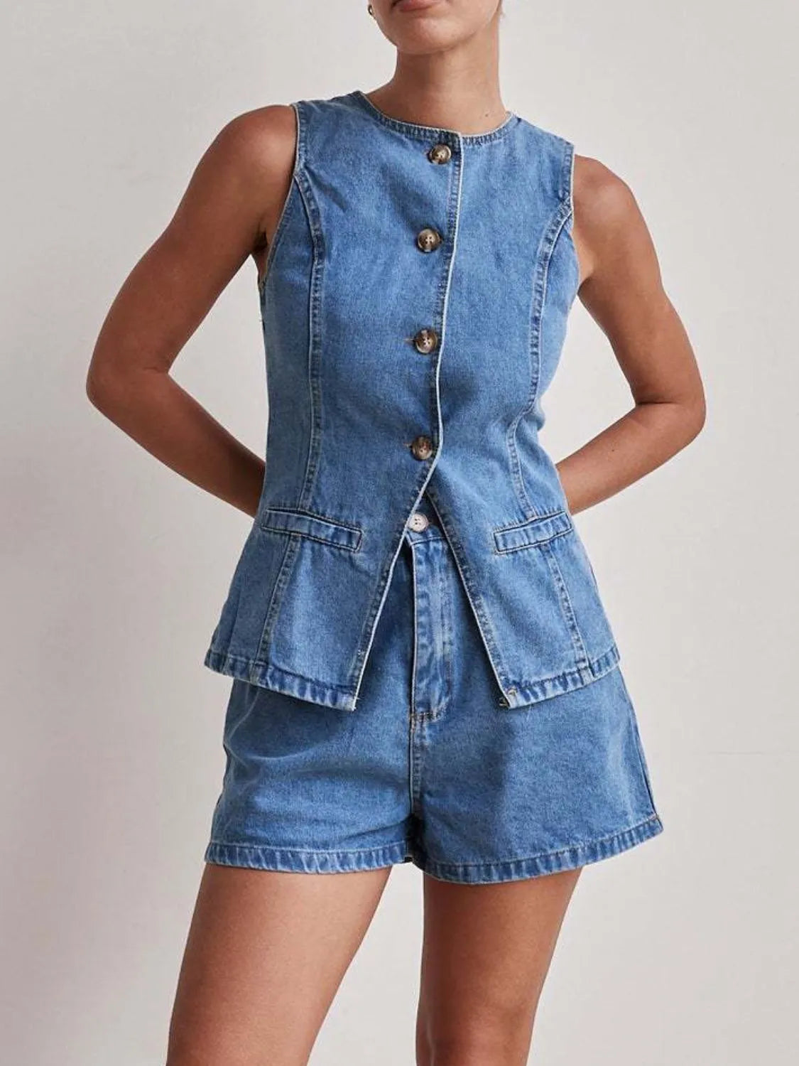 Button Down Vest and Shorts Denim Set - Premium Women / Jeans & Denim from Trendsi - Just $65.12! Shop now at Handbags Specialist Headquarter