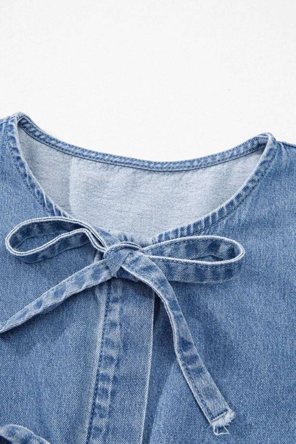 Tied Front Puff Sleeve Peplum Denim Shirt - Premium Women / Jeans & Denim from Trendsi - Just $41.86! Shop now at Handbags Specialist Headquarter