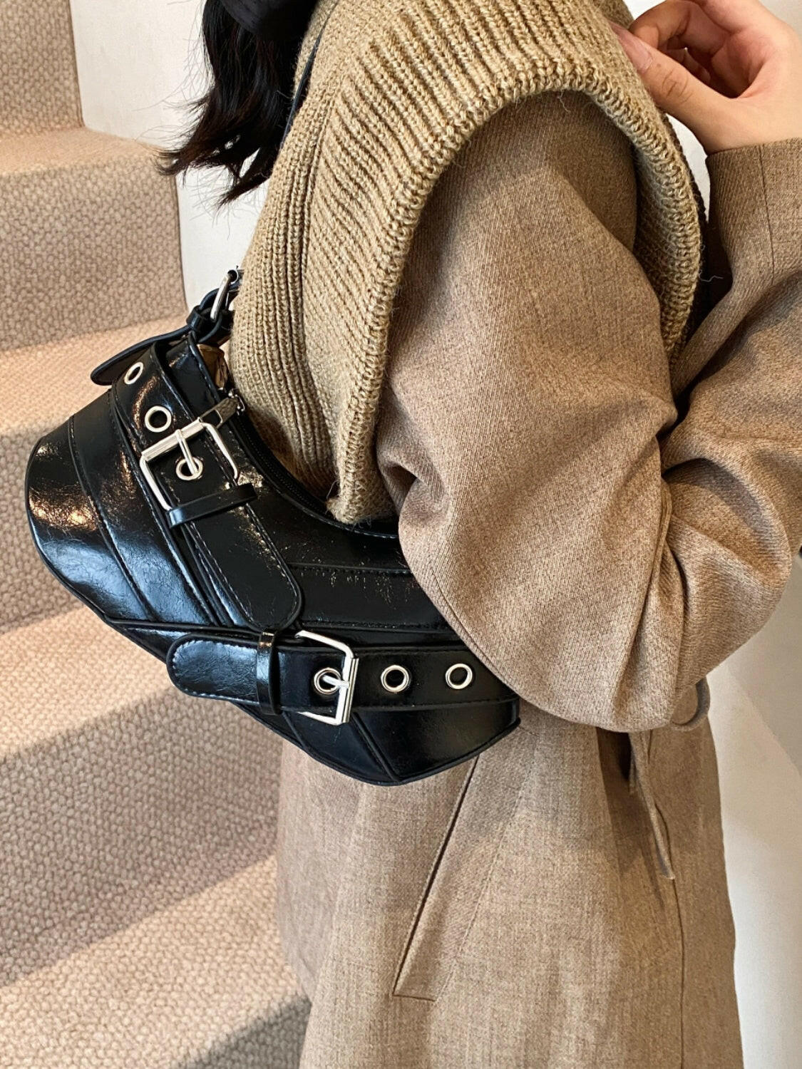 PU Leather Buckle Shoulder Bag.