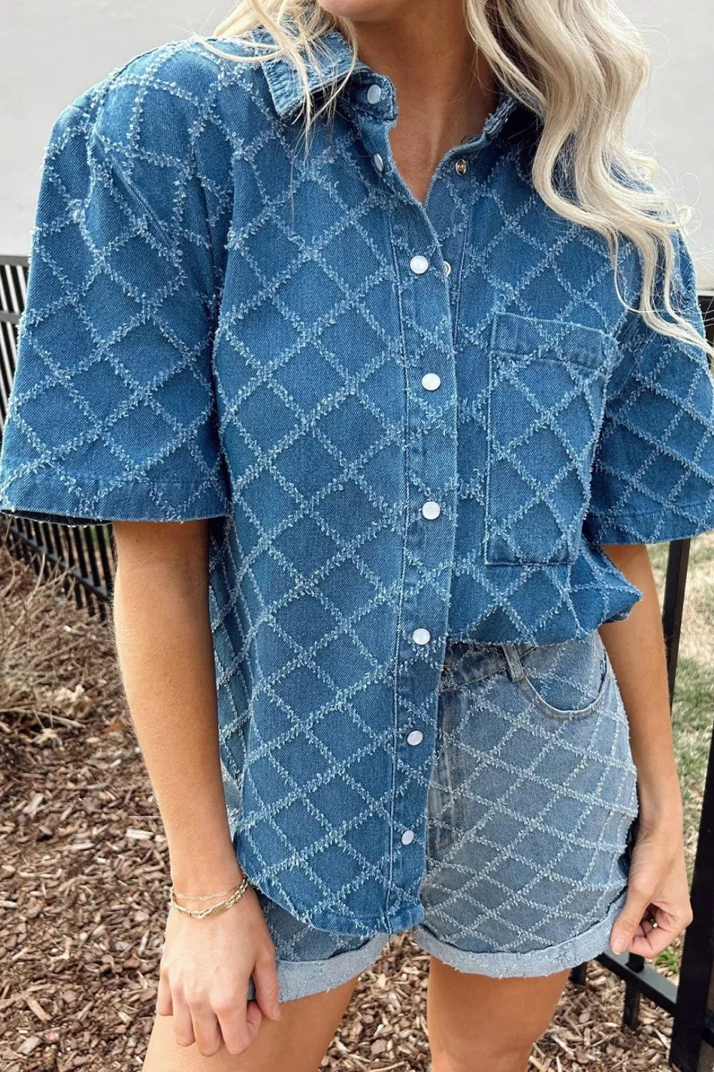 Pocketed Collared Neck Short Sleeve Denim Shirt - Premium Women / Jeans & Denim from Trendsi - Just $40.86! Shop now at Handbags Specialist Headquarter