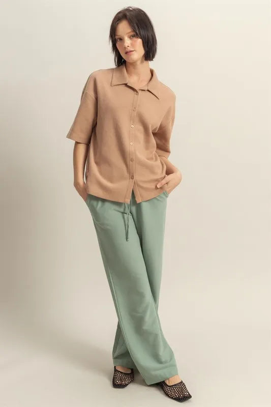 HYFVE Collared Neck Button Down Waffle Shirt - Premium Women's Down Shirt Tops from Trendsi - Just $35.56! Shop now at Handbags Specialist Headquarter