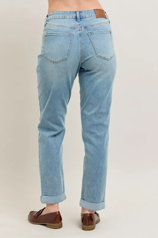 Judy Blue Full Size V-Front Cuff Boyfriend Jeans Plus Size - Premium Women / Jeans & Denim from Trendsi - Just $58.99! Shop now at Handbags Specialist Headquarter