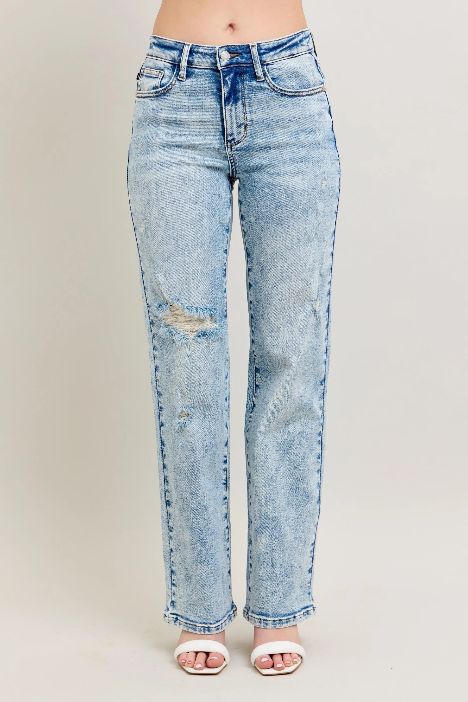 Judy Blue Full Size Hw Mineral Wash Destroy 90's Straight Jeans Plus Size - Premium Women / Jeans & Denim from Trendsi - Just $69.99! Shop now at Handbags Specialist Headquarter