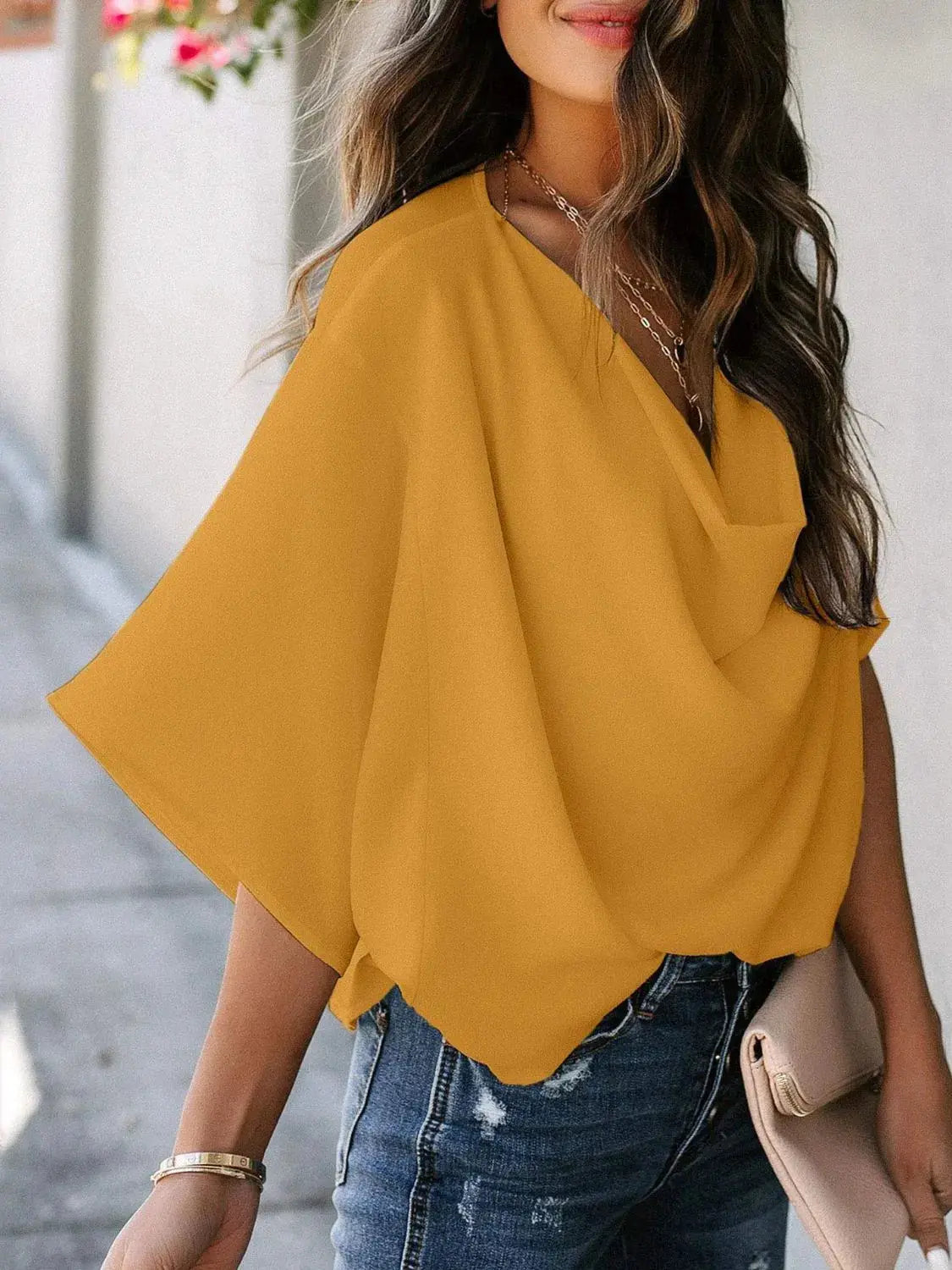 Full Size Ruched Three-Quarter Sleeve Blouse Plus Size - Premium Women Plus Size from Trendsi - Just $19.56! Shop now at Handbags Specialist Headquarter