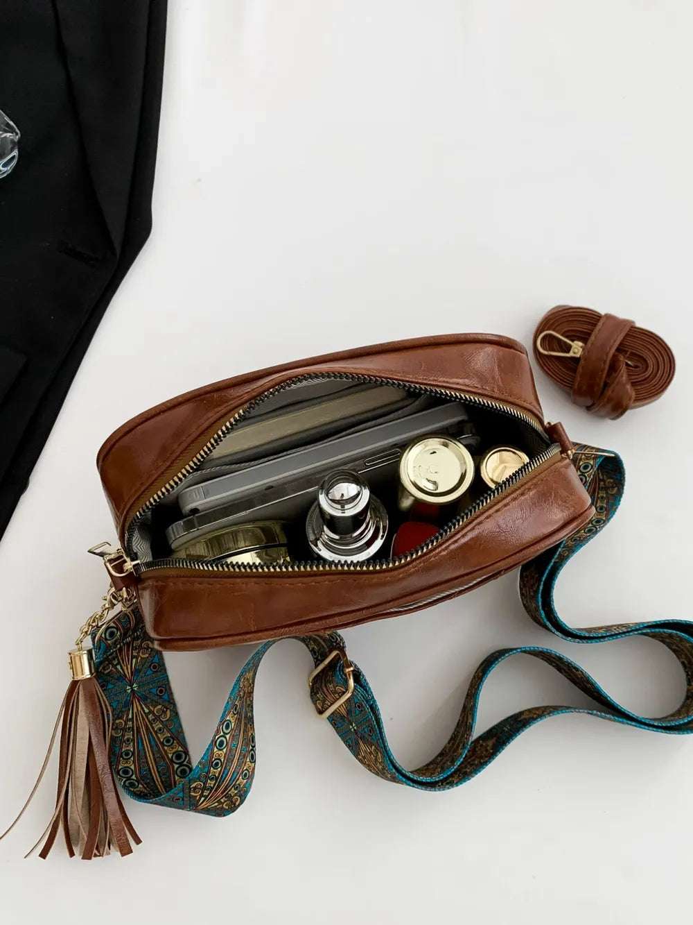 Tassel PU Leather Printed Strap Cassette Crossbody Bag - Premium Crossbody Bag from Trendsi - Just $22.99! Shop now at Handbags Specialist Headquarter