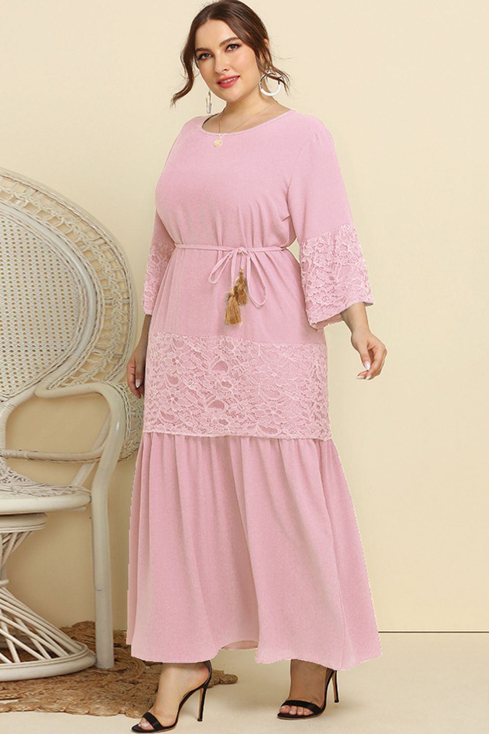 Plus Size Spliced Lace Tassel Belted Dress - Premium Dresses from Trendsi - Just $60.99! Shop now at Handbags Specialist Headquarter
