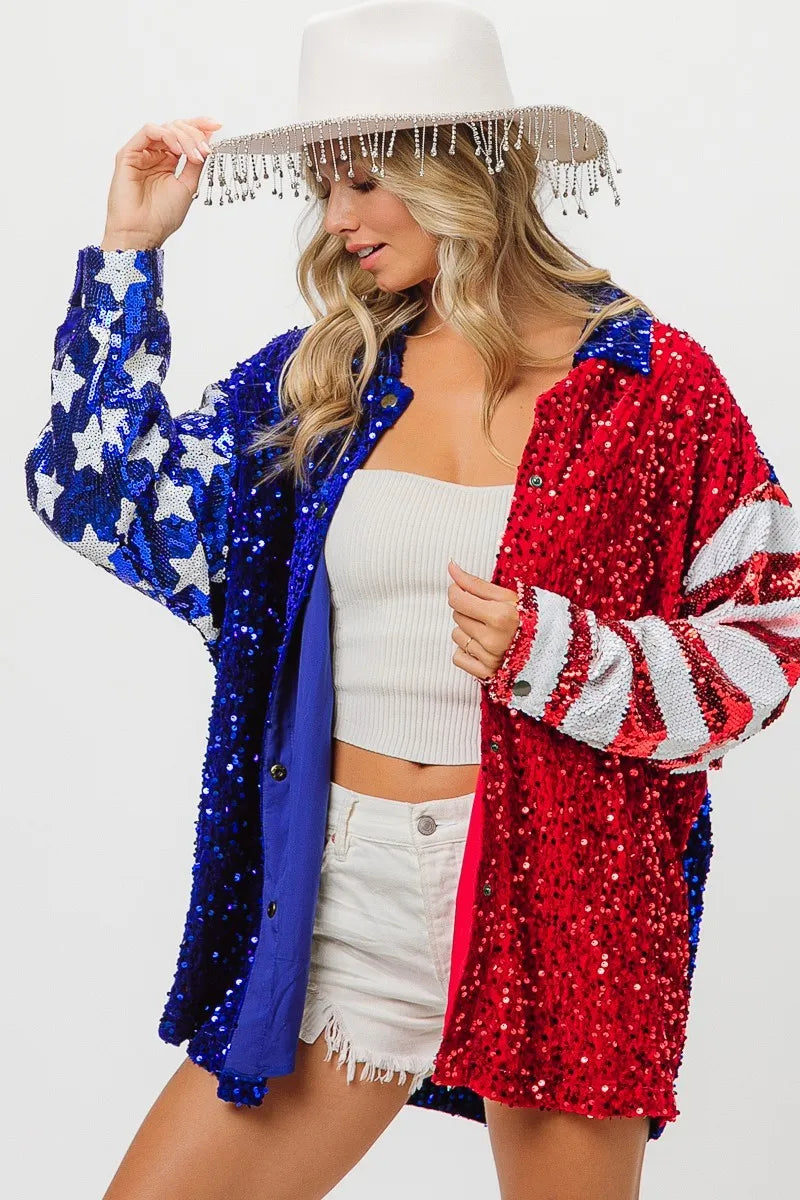 BiBi American Flag Sequin Snap Down Shirt - Premium Women / Jeans & Denim from Trendsi - Just $64.30! Shop now at Handbags Specialist Headquarter
