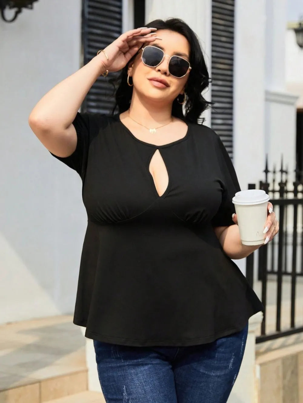 Plus Size Cutout Short Sleeve Blouse - Premium Plus Size Shirts from Trendsi - Just $21! Shop now at Handbags Specialist Headquarter
