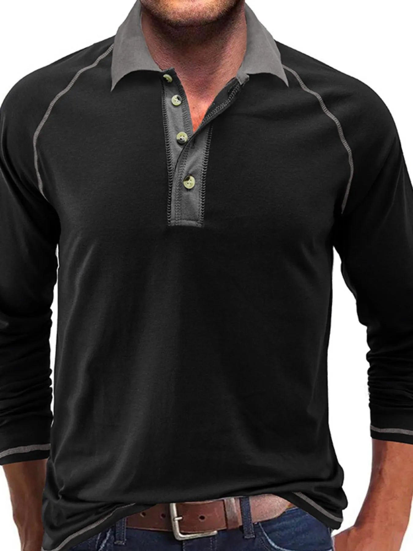 Men's Contrast Collar Long Sleeve Polo Shirt - Premium Men's Polo shirt from Trendsi - Just $41.96! Shop now at Handbags Specialist Headquarter