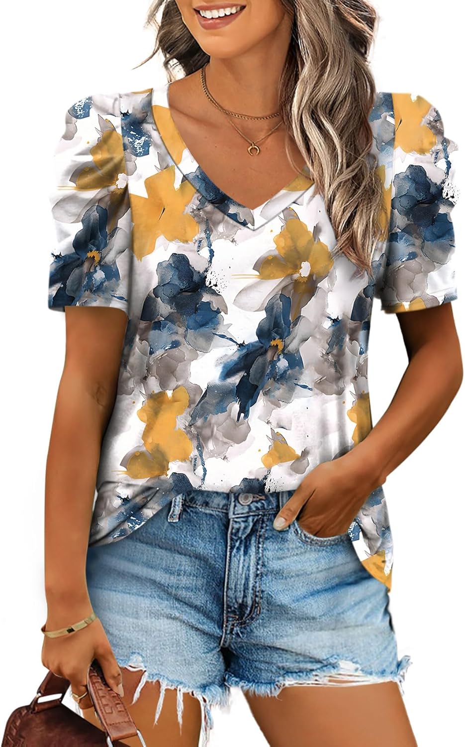 XIEERDUO Summer V-Neck Puff Sleeve Tee - All Sizes