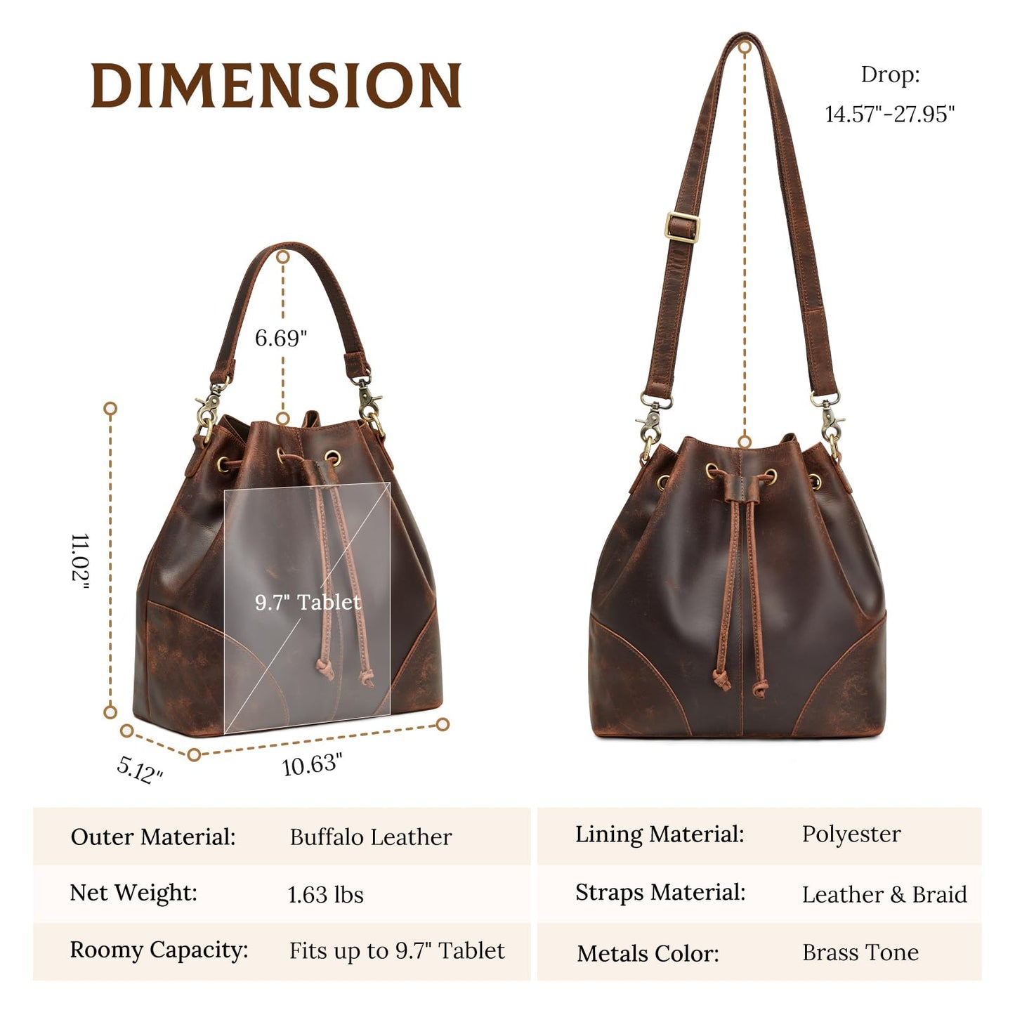 S-ZONE Luxe Leather Drawstring Bucket Bag
