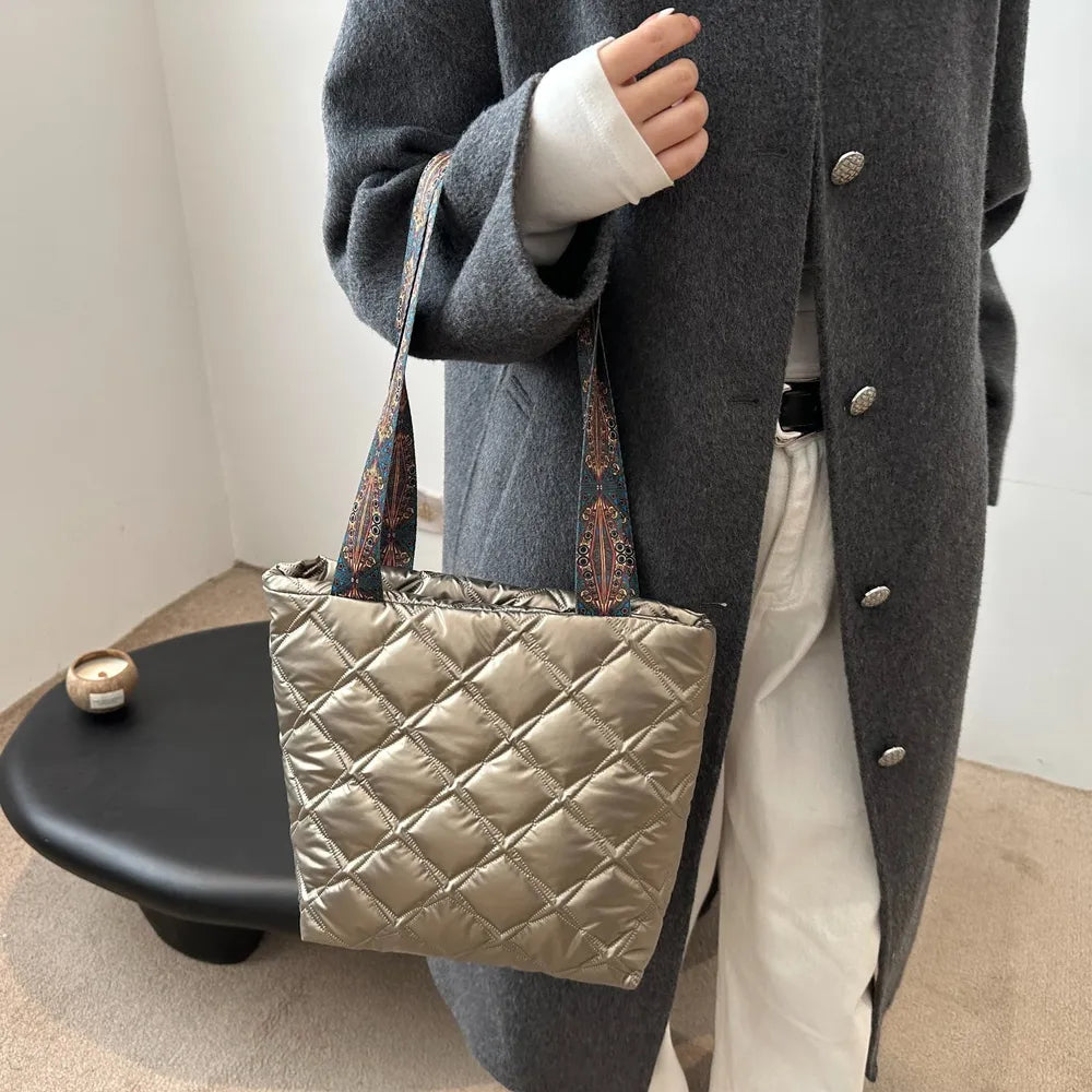 PU Leather Printed Strap Quilted Handbag - Premium Tote Bag from Trendsi - Just $27.99! Shop now at Handbags Specialist Headquarter