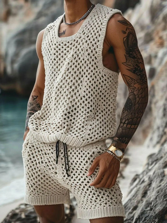 Men's Plus Size Hollow Out Round Neck Tank and Shorts Set.