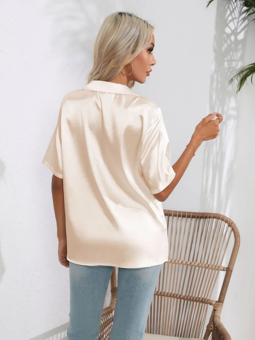 Button Down Short Sleeve Shirt - Premium Women's Down Shirt Tops from Trendsi - Just $19.48! Shop now at Handbags Specialist Headquarter