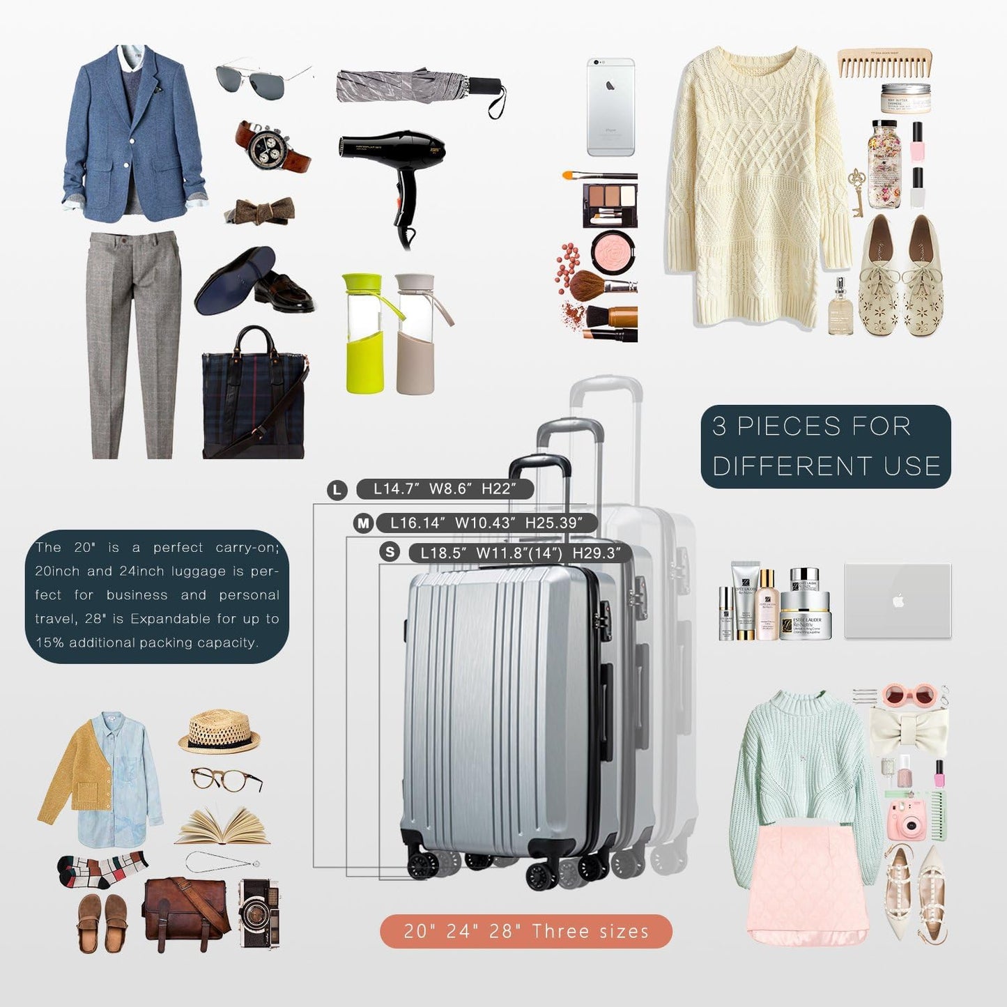 Coolife Expandable Spinner Luggage Set - 3 Piece