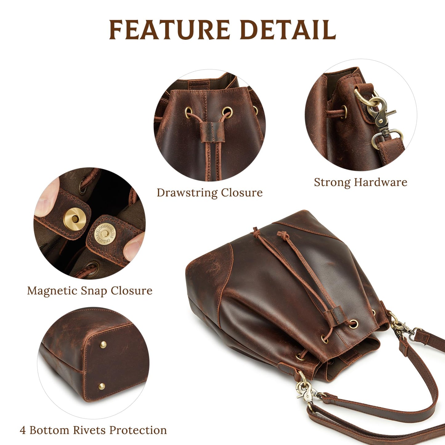 S-ZONE Luxe Leather Drawstring Bucket Bag