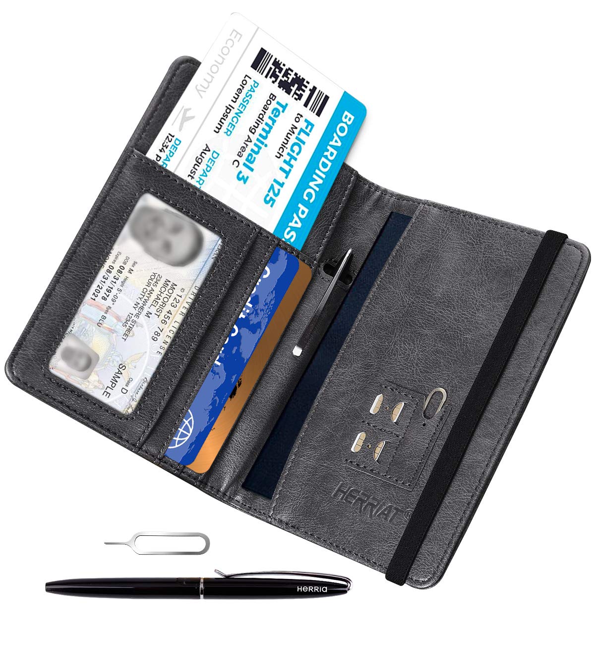 HerriaT RFID Leather Passport Wallet - Gray