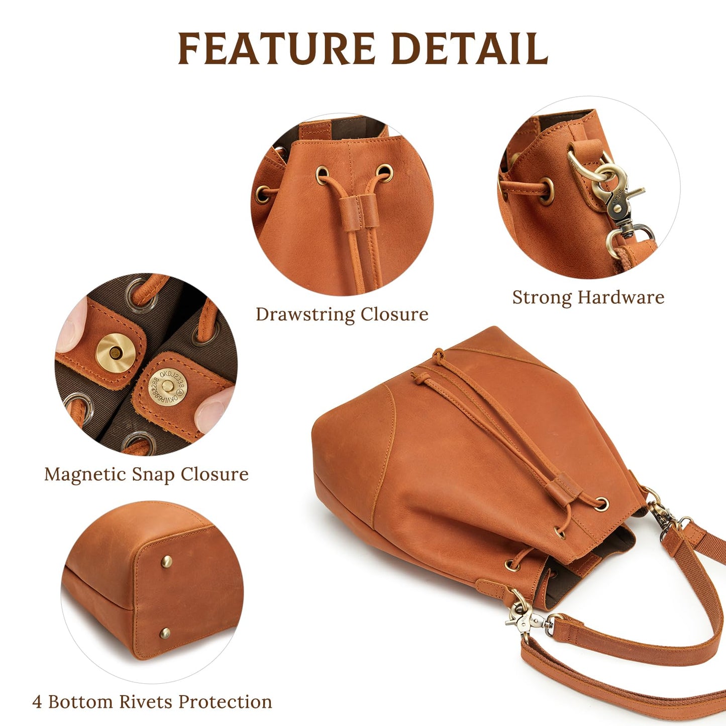 S-ZONE Luxe Leather Drawstring Bucket Bag