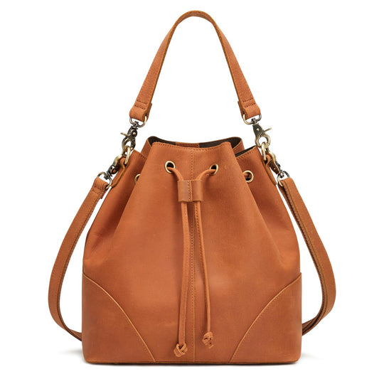 S-ZONE Luxe Leather Drawstring Bucket Bag