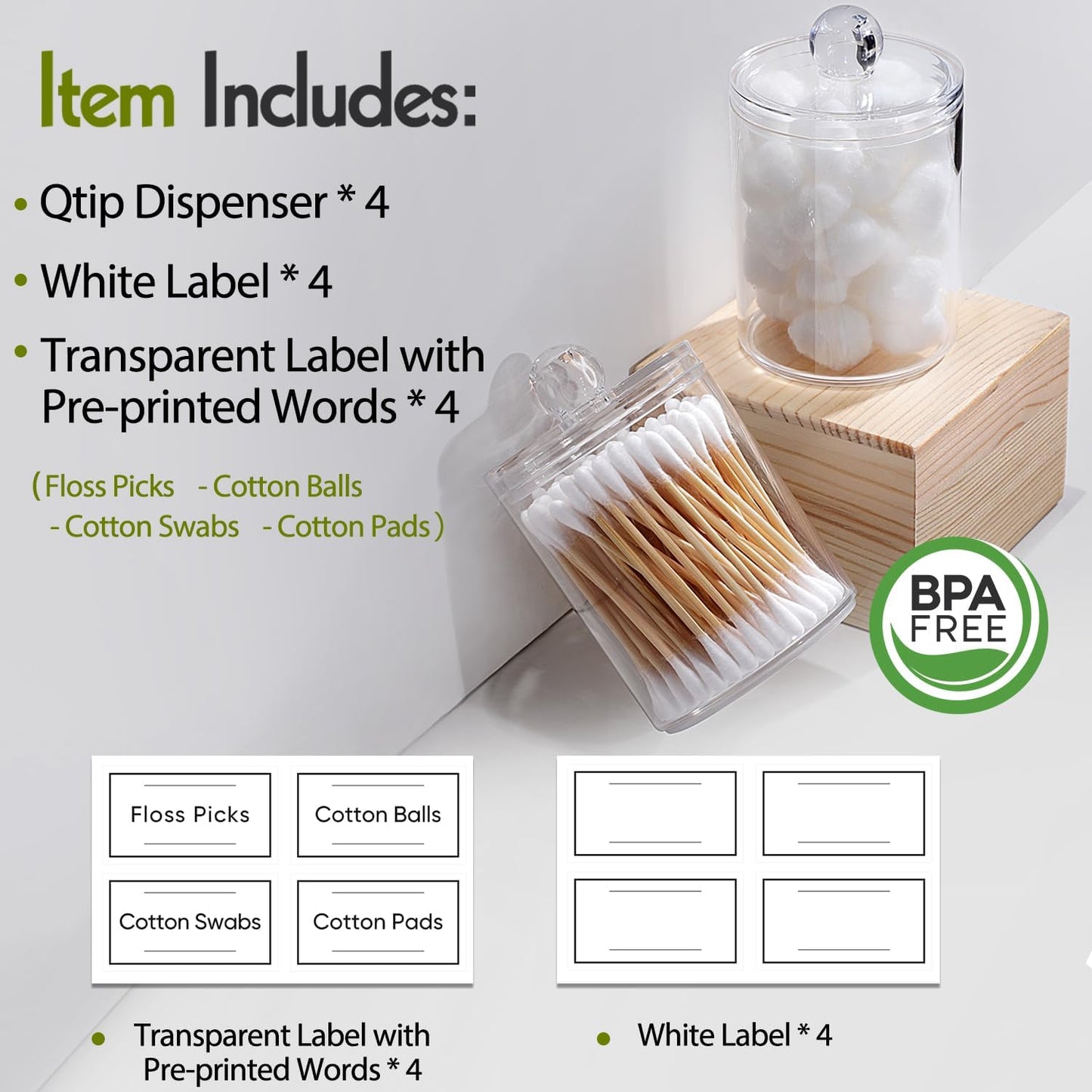 Clear Acrylic Qtip Dispenser Set - 4 Pack