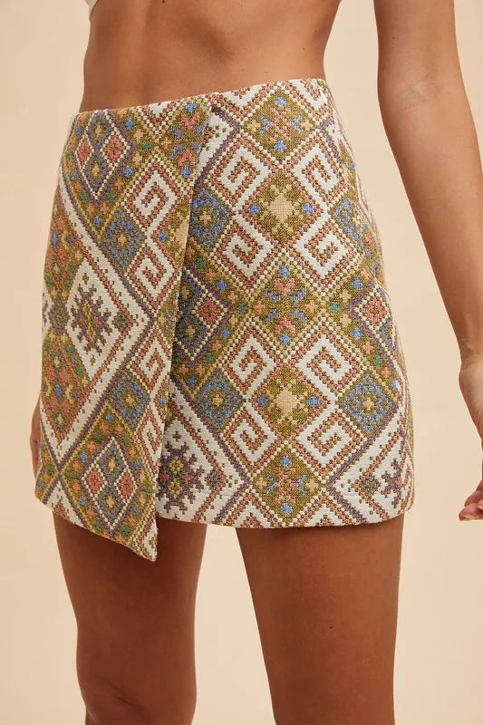 Annie Wear Ethic Woven Jacquard Wrap Mini Skirt - Premium Skirts from Trendsi - Just $40.99! Shop now at Handbags Specialist Headquarter