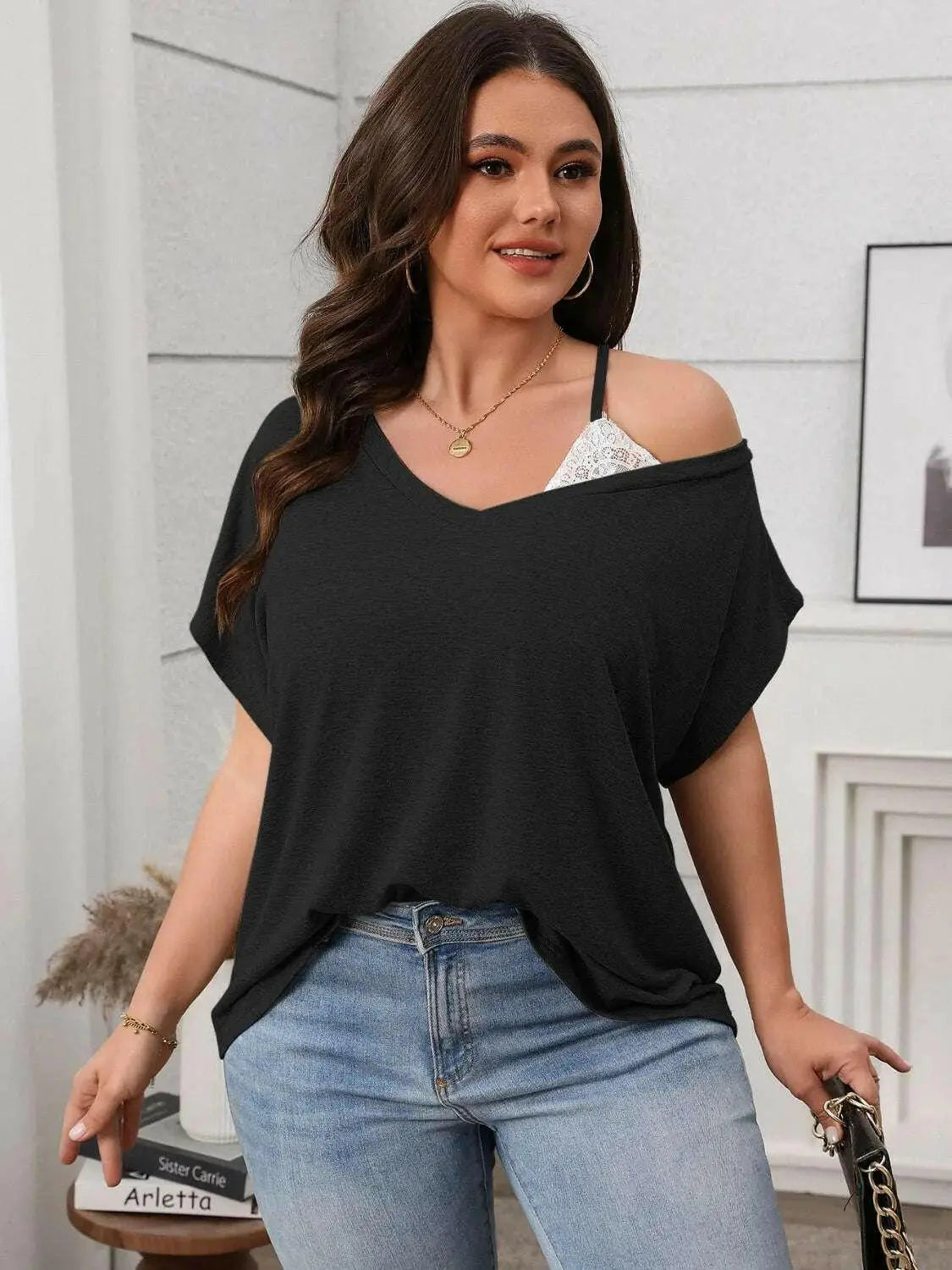 Plus Size Asymmetrical Neck Short Sleeve T-Shirt.