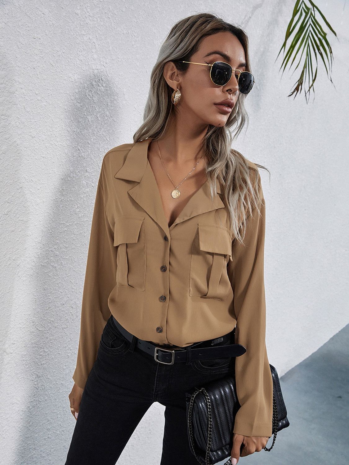 Collared Neck Button Down Shirt - Premium Women's Down Shirt Tops from Trendsi - Just $27! Shop now at Handbags Specialist Headquarter