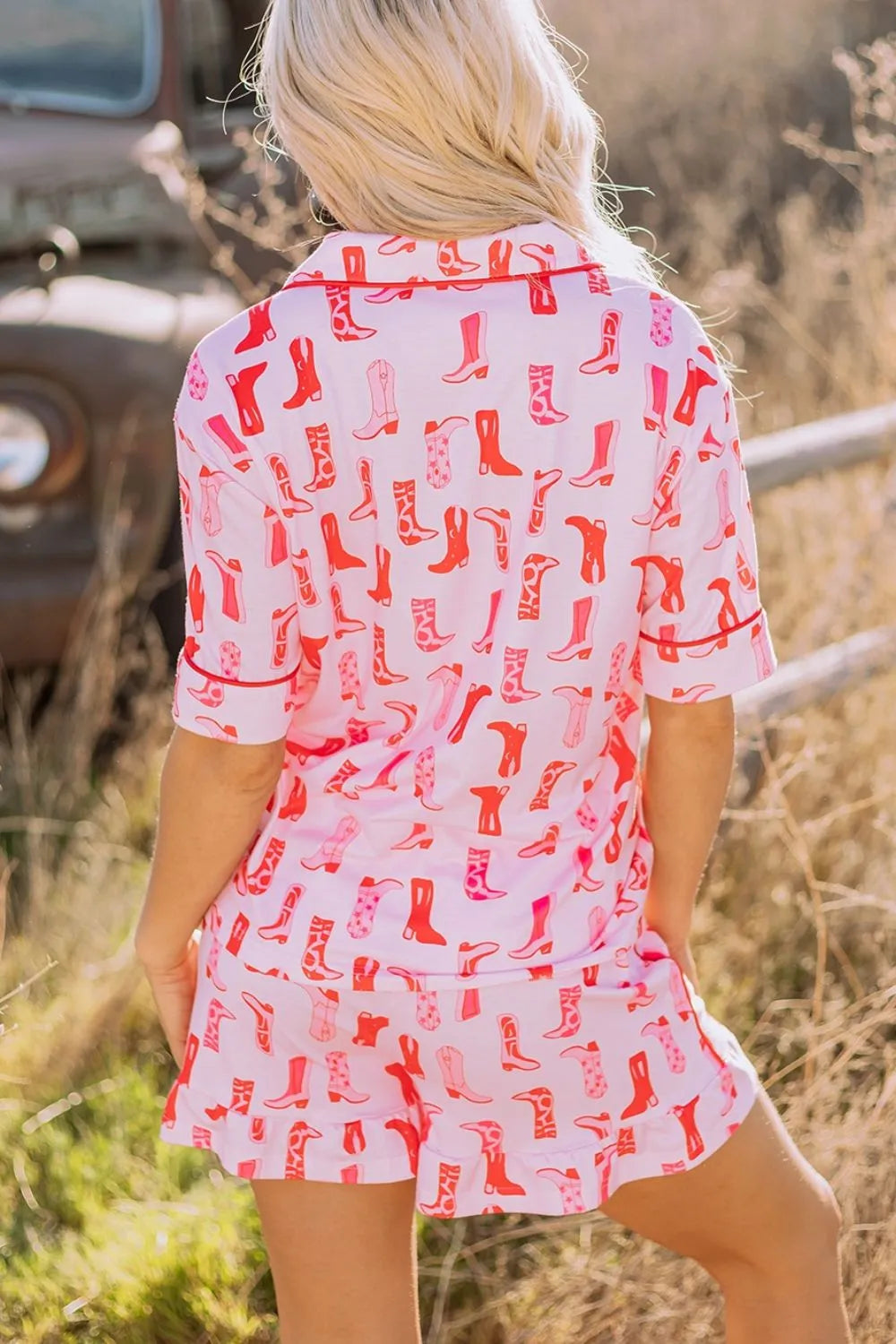 Cowgirl Boots Printed Shirt and Shorts Set - Premium Sleepwear from Trendsi - Just $60.99! Shop now at Handbags Specialist Headquarter