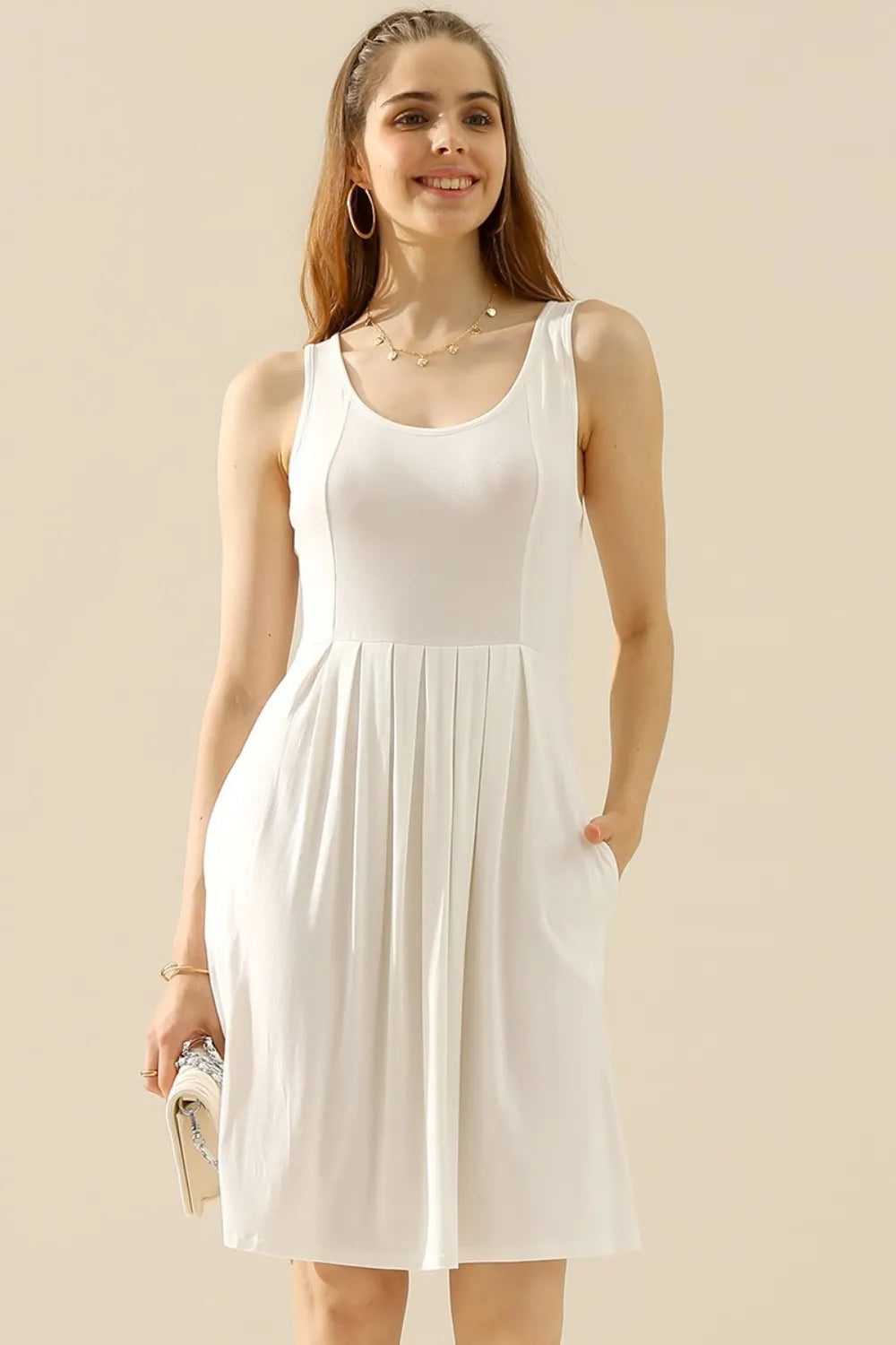 Doublju Full Size Round Neck Ruched Sleeveless Dress with Pockets - Premium Dresses from Trendsi - Just $15.99! Shop now at Handbags Specialist Headquarter