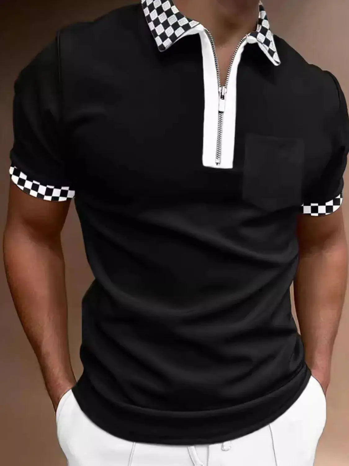Men's Full Size Checkered Collared Neck Short Sleeve Polo Plus Size.