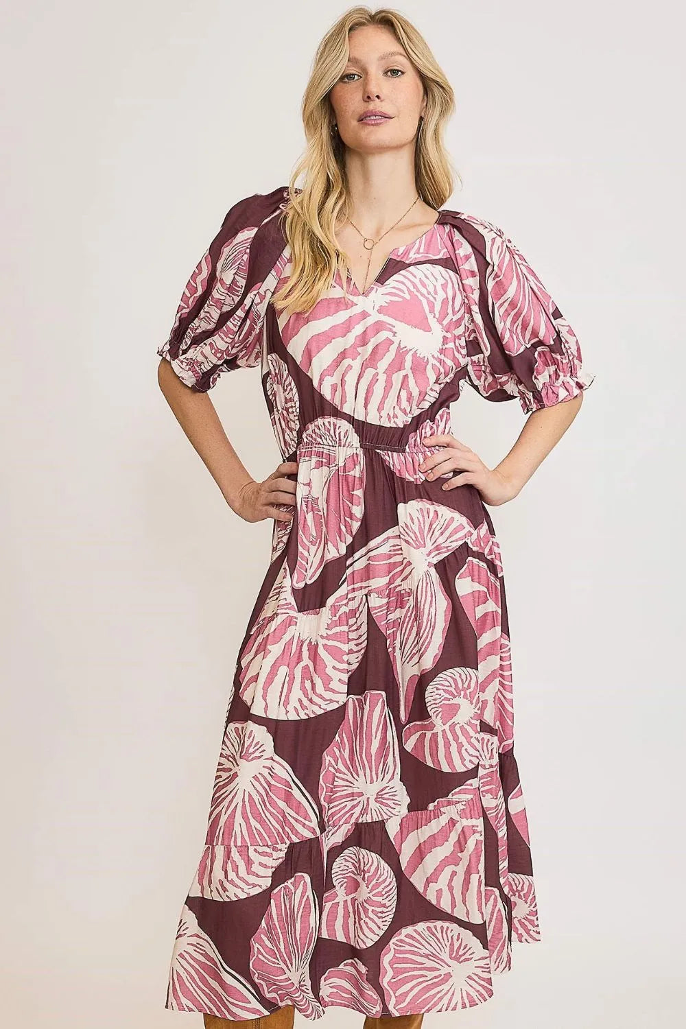 Umgee Full Size Printed Notched Puff Sleeve Midi Dress Plus Size - Premium Dresses from Trendsi - Just $64.99! Shop now at Handbags Specialist Headquarter