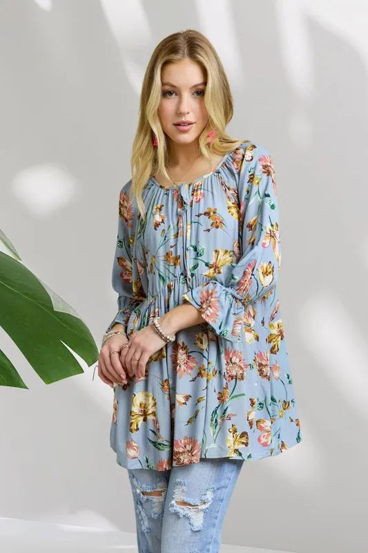 ADORA Floral Peasant Tunic Top - Premium Women / Jeans & Denim from Trendsi - Just $41.74! Shop now at Handbags Specialist Headquarter