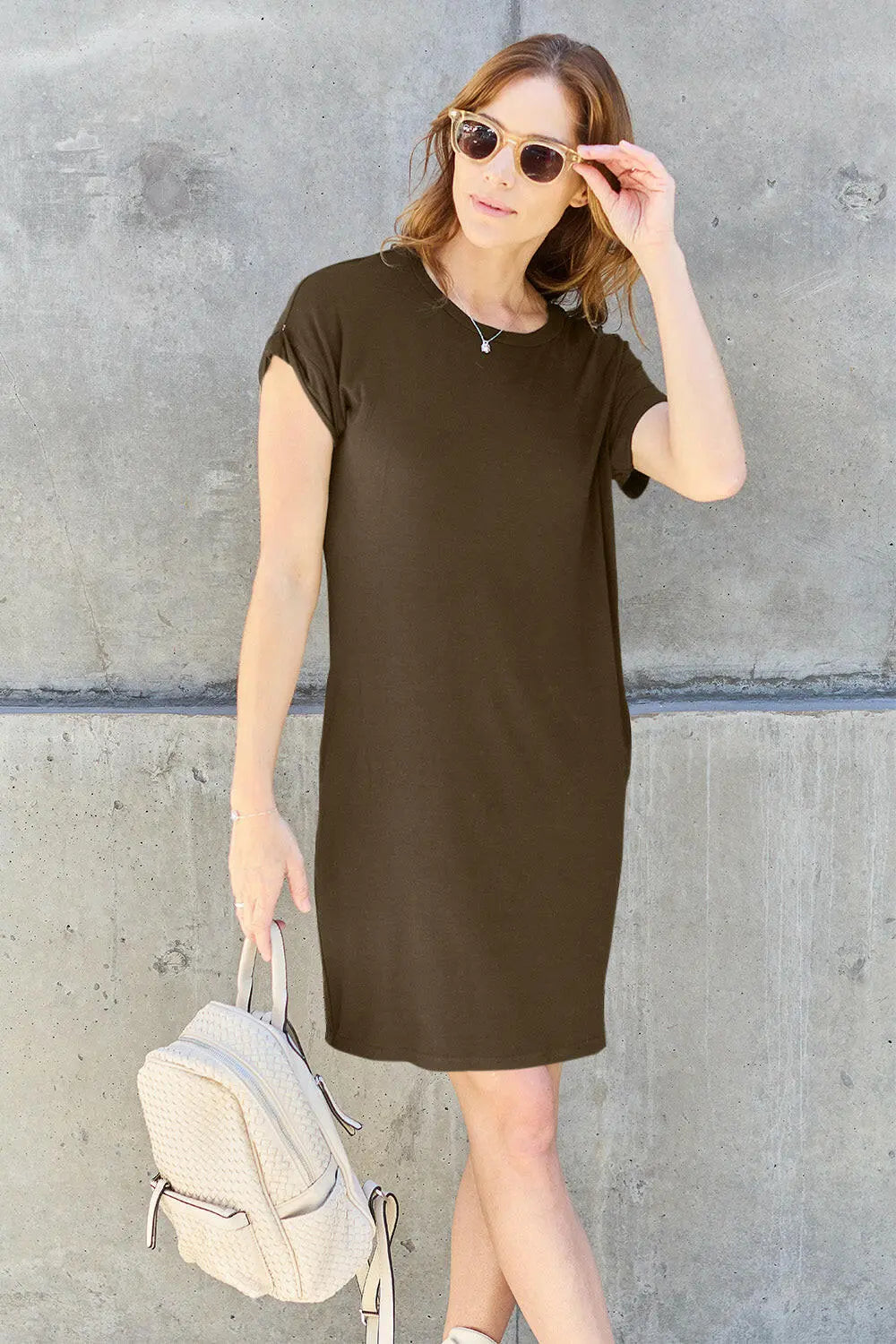 Basic Bae Full Size Round Neck Short Sleeve Dress with Pockets.
