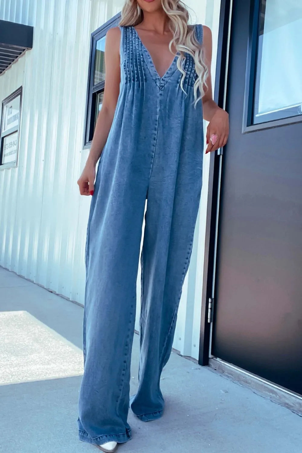V-Neck Sleeveless Denim Jumpsuit - Premium Women / Jeans & Denim from Trendsi - Just $51.98! Shop now at Handbags Specialist Headquarter
