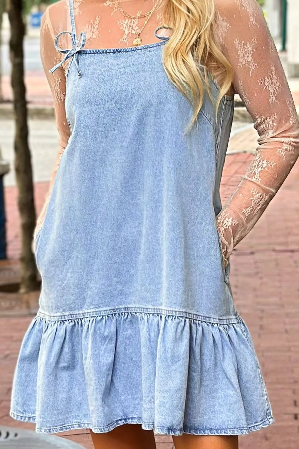 Bow Detail Spaghetti Straps Ruffle Hem Denim Dress - Premium Women / Jeans & Denim from Trendsi - Just $46.38! Shop now at Handbags Specialist Headquarter