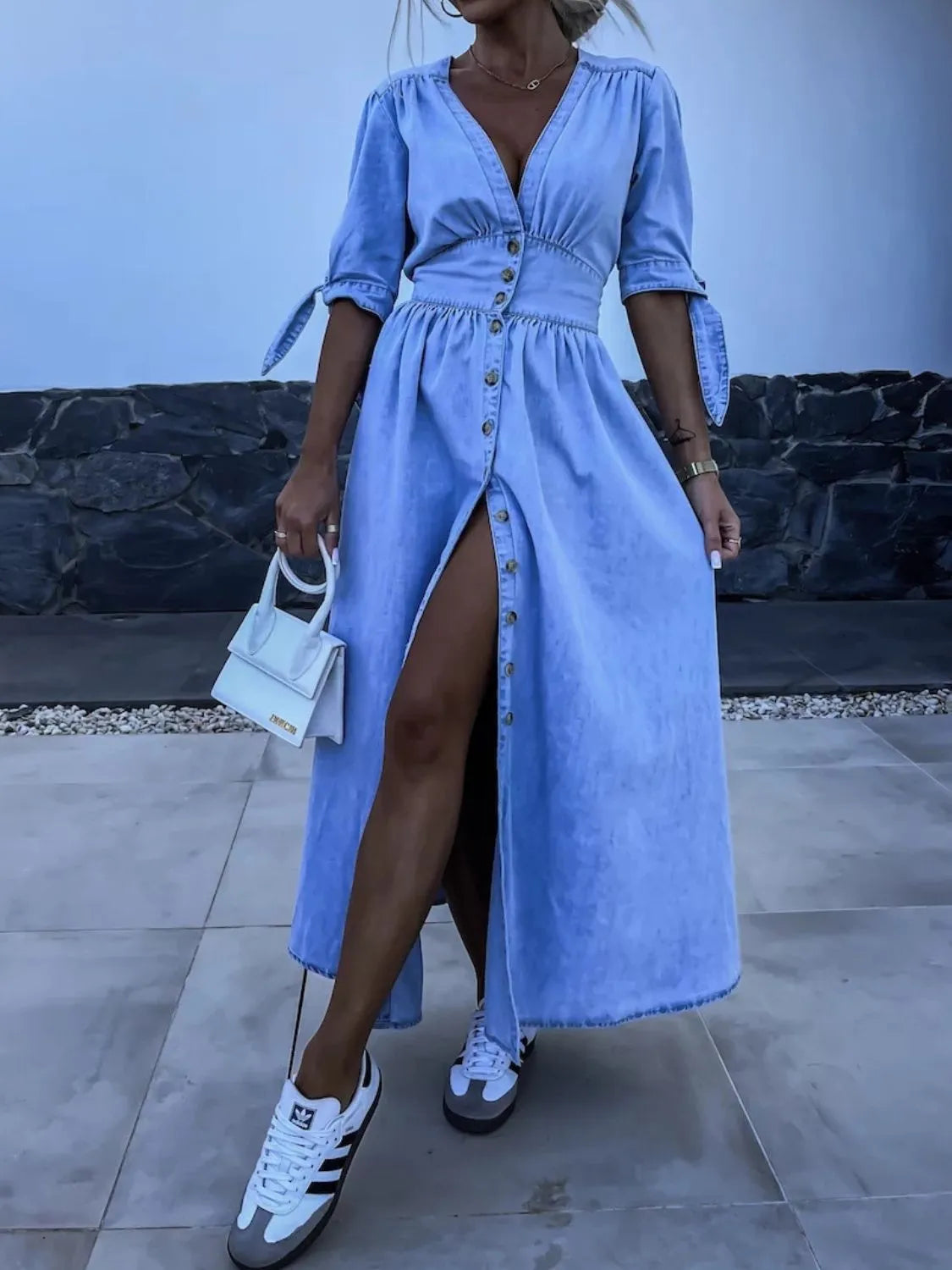 Button Front V-Neck Half Sleeve Denim Dress - Premium Women / Jeans & Denim from Trendsi - Just $53.68! Shop now at Handbags Specialist Headquarter