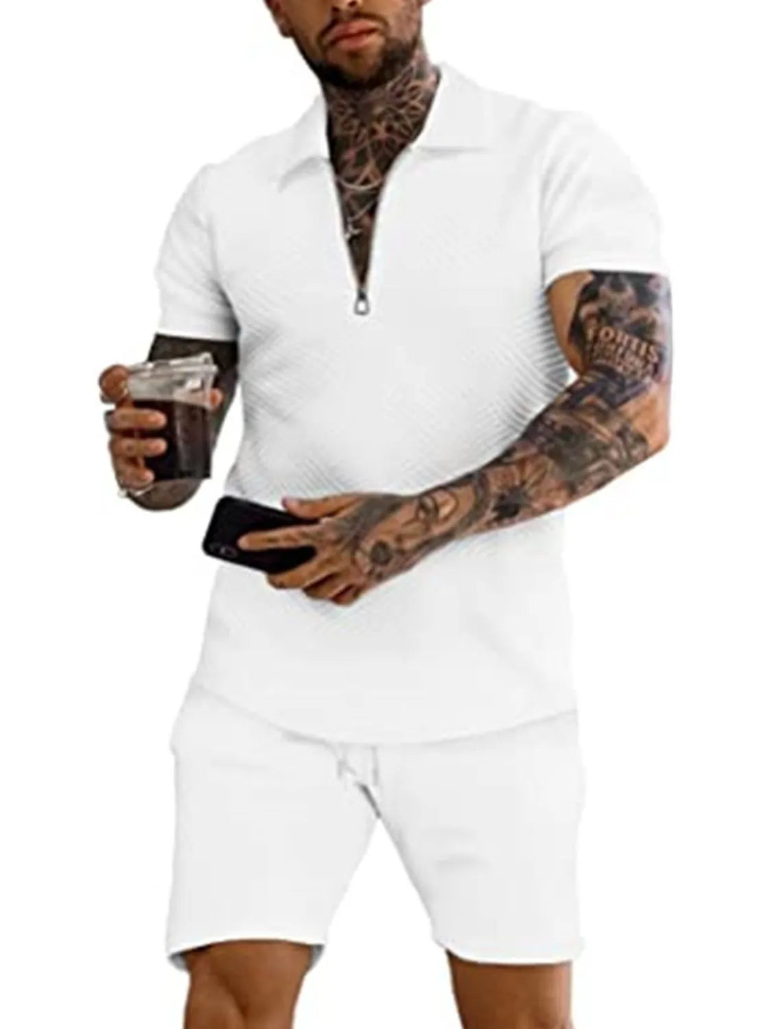 Men's Full Size Textured Collared Neck Short Sleeve Top and Shorts Set Plus Size - Premium Men's Pants Set from Trendsi - Just $33.66! Shop now at Handbags Specialist Headquarter