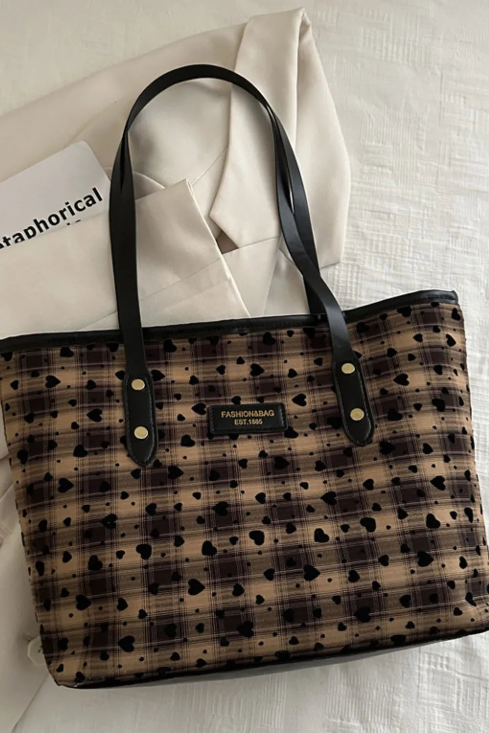 Heart Plaid PU Leather Strap Tote Bag - Premium Tote Bag from Trendsi - Just $29.99! Shop now at Handbags Specialist Headquarter