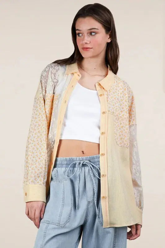 VERY J Plus Size Contrast Ribbed Knit Lace Shacket.